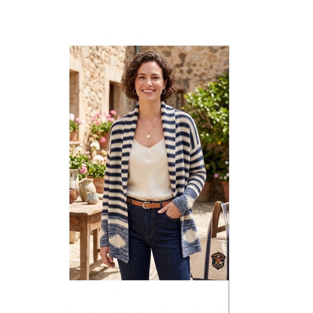 LRL Ralph Lauren Women's Small Striped Western Linen Blend Shawl Open Cardigan
